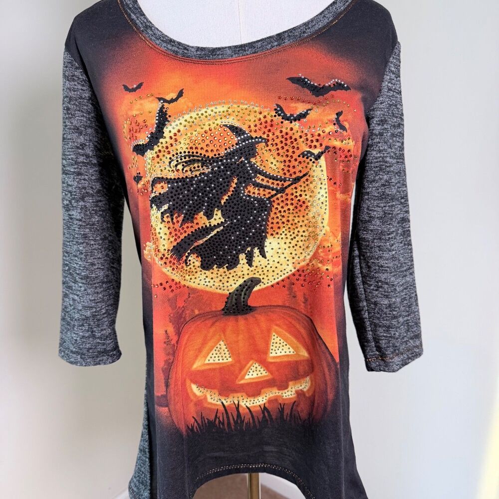 Ongue Casual Halloween Witch Pumpkin Rhinestone Top Gray 3/4 Sleeve Women's S